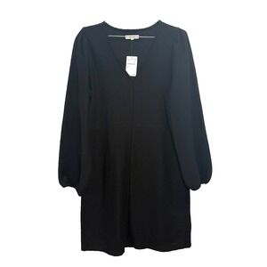 Madewell Textural Knit Dress Black Balloon Sleeve V-Neck 100% Cotton NWT Large